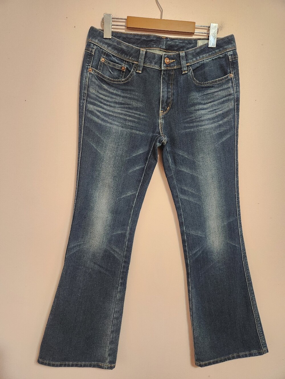 Texwood Sexy Flare Apple Jeans Y2K Rhinestone Metallic Patch Whiskered Denim 29
